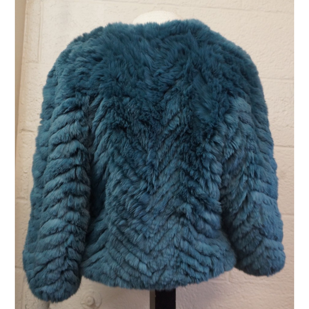 Barneys New York Teal Real Rabbit Fur Jacket Cropped Jagger Luxury Coat Size S - Picture 8 of 15